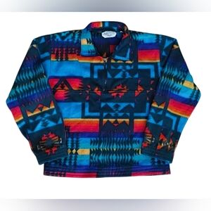 Vintage 90s Aztec Pullover Fleece 1/4 Zip Jacket Medium Retro Southwestern Print